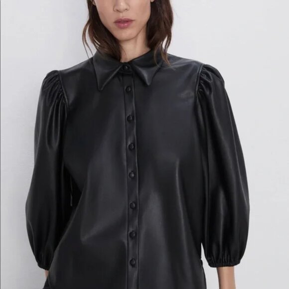 Zara Black Faux Leather Shirt M New - Picture 4 of 6